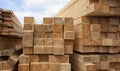 Lumber warehouse. Wood planks and timber stacked in stacks outdoors Royalty Free Stock Photo