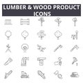 Lumber wood production line icons for web and mobile design. Editable stroke signs. Lumber wood production outline