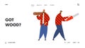 Lumber Workers with Working Equipment and Tools Website Landing Page, Couple of Lumberjack Holding Chainsaw