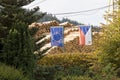 Lumber yard with yard with large piles of prepared tree trunks with EU and the Czech Rep flag in foreground Royalty Free Stock Photo