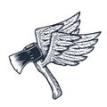Lumberjack ax. Axe with wings for axeman logo