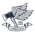 Lumberjack ax. Flying axe with wings. Axeman logo