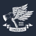 Lumberjack ax. Flying axe with wings. Axeman print