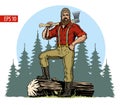 Lumberjack with axe and downed log, forest background. Vector illustration Royalty Free Stock Photo