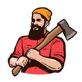 Lumberjack axeman with axe in hands. Carpentry woodworker sawmill concept. Cartoon vector illustration Royalty Free Stock Photo