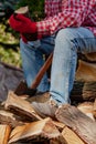 Lumberjack with big ax sits on pile of firewood