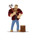 Lumberjack brutal bearded man in red checkered shirt with axe in hands. Woodcutter. Wanderlust hiking and travel concept