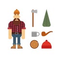 Lumberjack cartoon character with lumberjack icons. Royalty Free Stock Photo