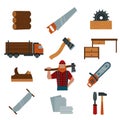 Lumberjack cartoon character with lumberjack tools