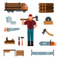 Lumberjack cartoon character with lumberjack tools