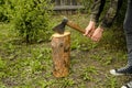 Lumberjack chopping wood. Young man chopping woods with an axe Royalty Free Stock Photo