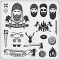 Lumberjack collection. Lumberjack characters and tools. Axes, saws and trees. Vintage style.