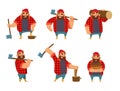 Lumberjack in different poses holding axe in hands. Vector pictures isolate on white