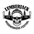 Lumberjack emblem. Skull with hand saw. Design element for logo, label, emblem, sign.