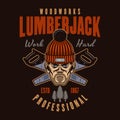 Lumberjack head in knitted hat and crossed saws vector emblem in colored style on dark background