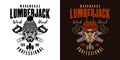 Lumberjack head in knitted hat and crossed saws vector emblem in two styles black on white and colorful