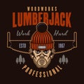 Lumberjack head in knitted hat and saw vector emblem in colored style on dark background