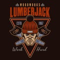 Lumberjack head in knitted hat and saw vector emblem in colored style on dark background