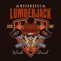 Lumberjack head in knitted hat and saw vector emblem in colored style on dark background