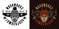 Lumberjack head in knitted hat and saw vector emblem in two styles black on white and colored