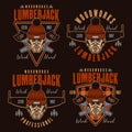 Lumberjack head in knitted hat set of vector emblems in colored style on dark background