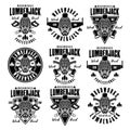 Lumberjack head in knitted hat set of vector emblems in vintage monochrome style isolated on white