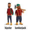 Lumberjack and hipster in the yellow shoes and a red plaid shirt. Vector flat illustration on white background