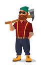 Lumberjack holding an axe over his shoulder. Yellow shoes and red plaid shirt.