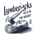 Lumberjack log, wood or timber with rings and ax