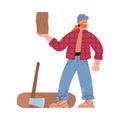 Lumberjack or logger chops tree for firewood, flat vector illustration isolated.