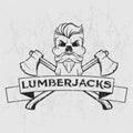Lumberjack logo, t-shirt design with illustrated beard, skull, axes and ribbon. Hand drawn illustration.