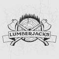 Lumberjack logo, t-shirt design with illustrated wood, trees, axes and ribbon. Hand drawn illustration.