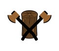 Lumberjack logo timber and ax. feller sign stump and axes