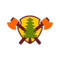 Lumberjack logo Wood and ax. feller sign Christmas tree and axes