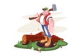 Lumberjack male with axe and downed log in forest Royalty Free Stock Photo