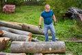 Lumberjack manhandling the beech logs Royalty Free Stock Photo