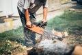 Portrait worker in full protective gear cutting firewood and timber in forest with a professional chainsaw