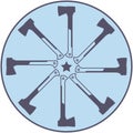 Lumberjack`s axes placed in a circle. Eight purple vector long-handled axes on a light blue background. Logo for foresters, pagan