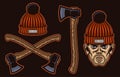 Lumberjack set of vector objects or design elements in colored style on dark background Royalty Free Stock Photo