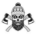 Lumberjack skull in knitted hat with beard, axes
