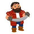 Lumberjack two hand saw icon, cartoon style