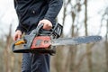 Lumberjack using a Gas-Powered Chain Saw cutting trees Royalty Free Stock Photo