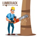 Lumberjack Vector. Classic Logger Man Working With Hand Chainsaw. Cartoon Flat Character Illustration