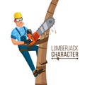 Lumberjack Vector. Classic Worker With Hand Chainsaw Tool. Deforestation Concept. Cartoon Flat Character