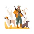 hunter with dogs in vector style, professions of the world, pastel