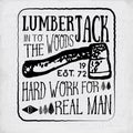 Lumberjack vintage label with two axes and trees.