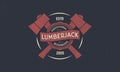 Lumberjack vintage logo. Woodworking emblem with crossed axes. Carpentry vintage typography. Logo, poster template. Grunge texture
