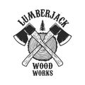 Lumberjack wood works. Crossed lumberjack axes on wooden stump background. Design element for logo, label, sign, poster.
