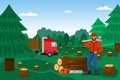 Lumberjack with woodcutter in forest, timber vector illustration. Lumber wood, cutting logs worker cartoon character