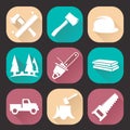 Lumberjack woodcutter icons set isolated on dark background. Flat trendy design